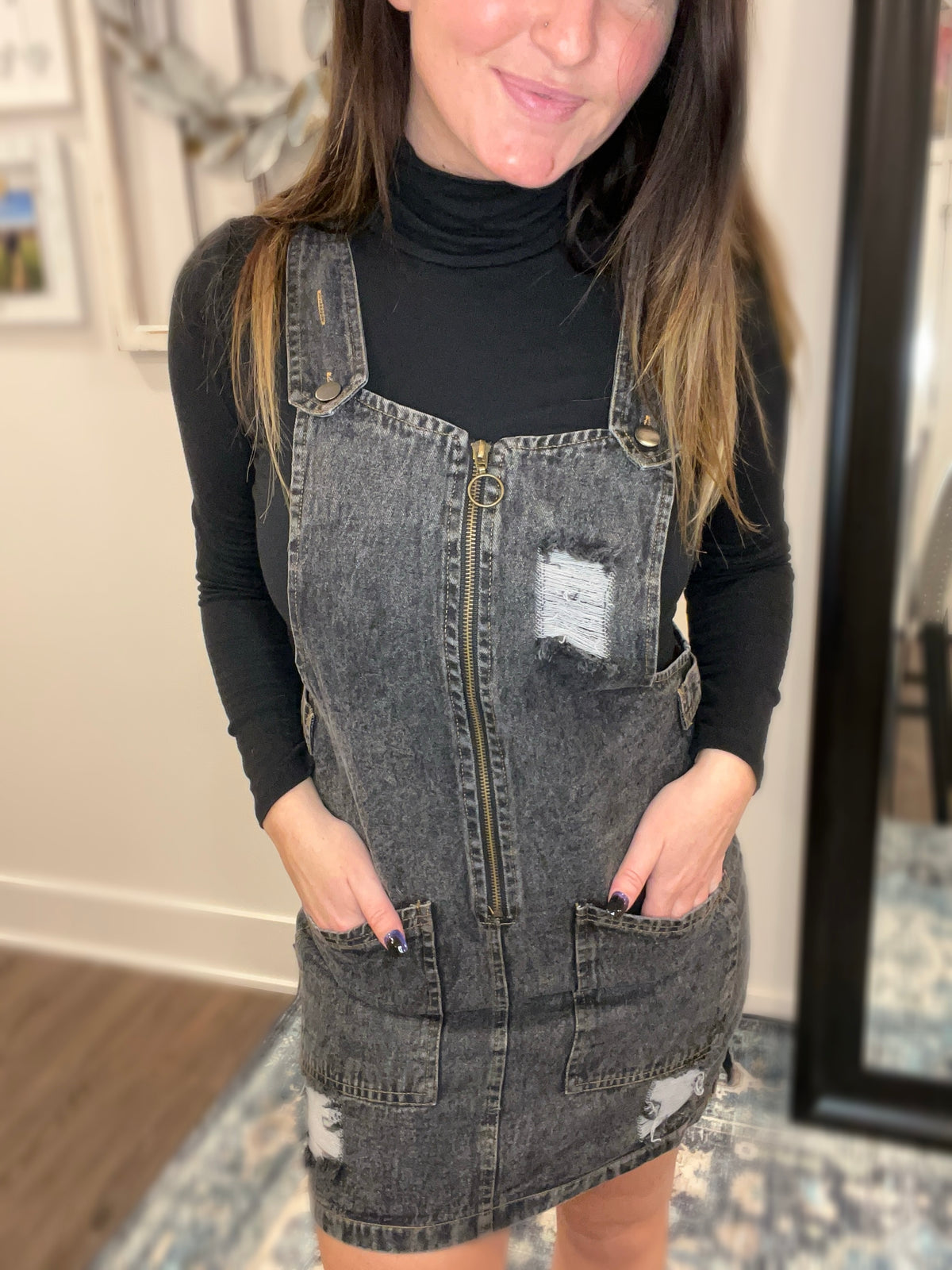 zip up denim overall dress Zip Sip Hooray Denim Overall Dress